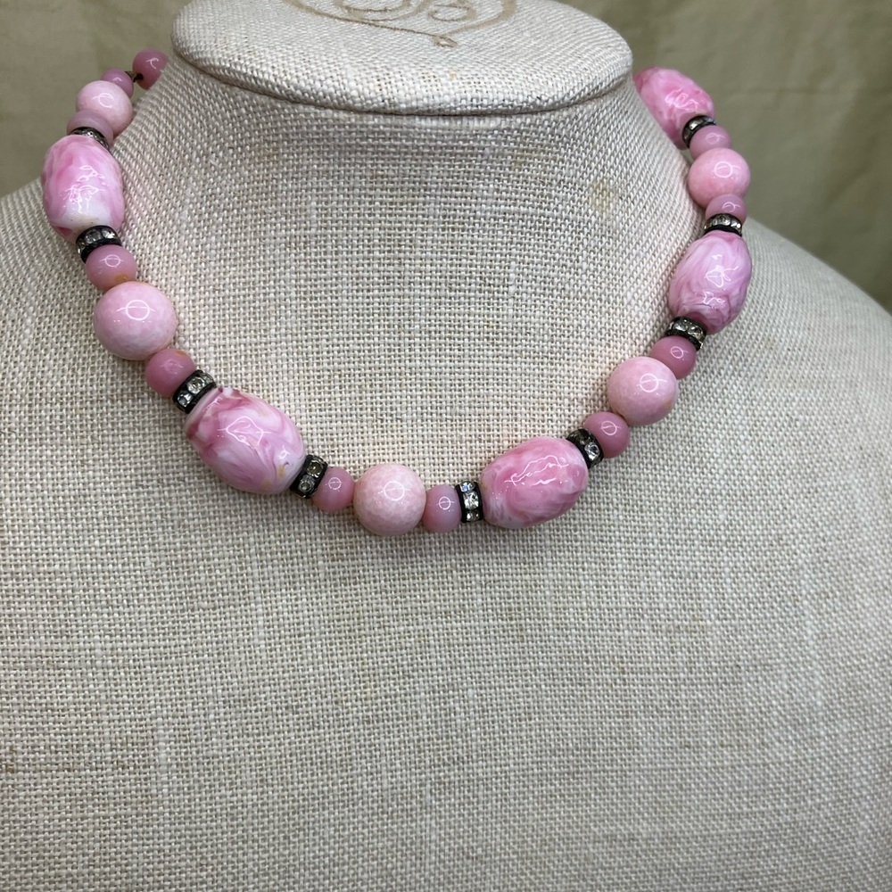 Pink Vintage Art Glass Bead and Crystal Necklace